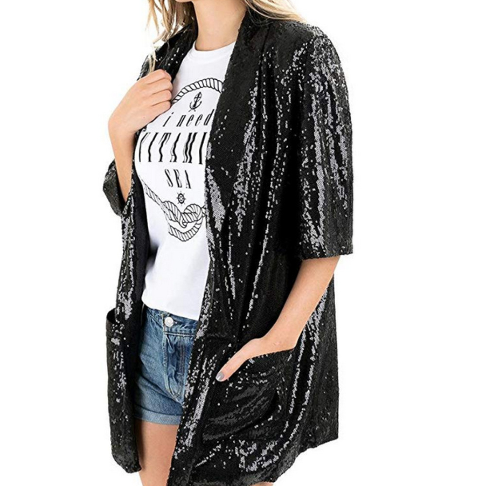 ❤LAST 1- BLACK SEQUIN BLAZER - Picture 2 of 4